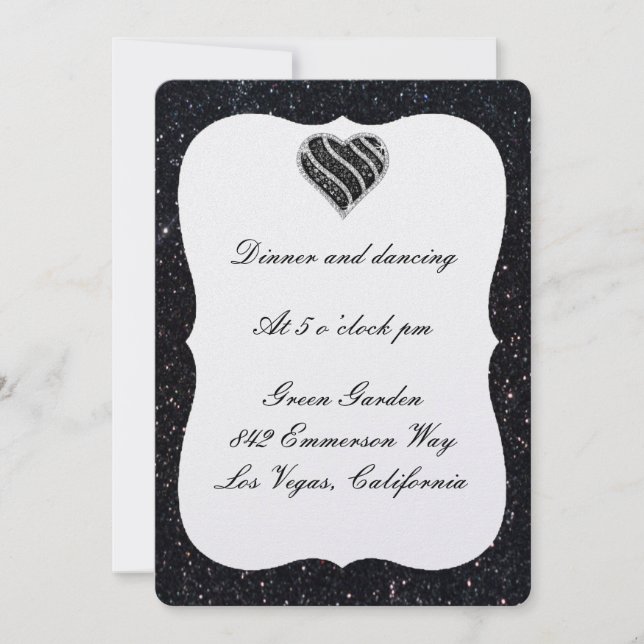 Black Glitter Black Heart Reception Card (Front)