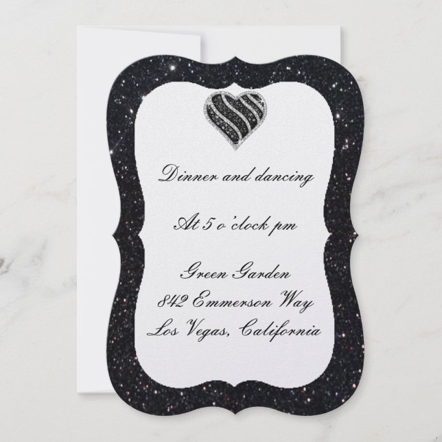 Black Glitter Black Heart Reception Card (Front)