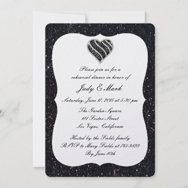 Black Glitter Black Heart Rehearsal Dinner Invite (Front)