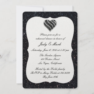 Black Glitter Black Heart Rehearsal Dinner Invite
