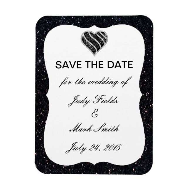 Black Glitter Black Heart Save The Date Magnet (Vertical)