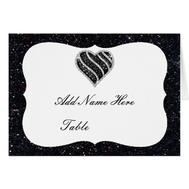Black Glitter Black Heart Table Place Card (Front Horizontal)