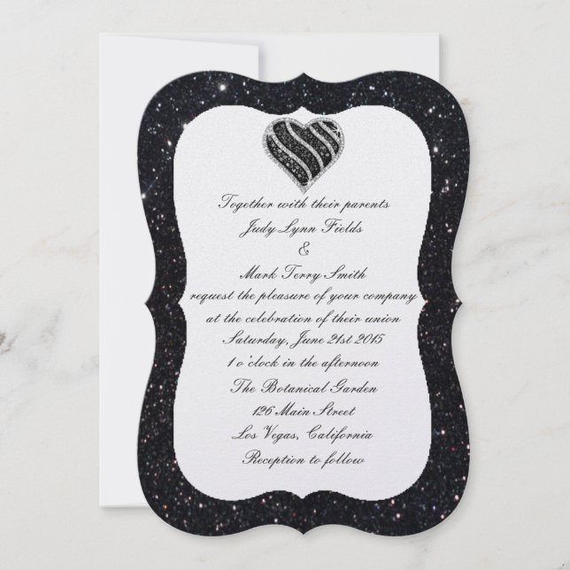 Black Glitter Black Heart Wedding Invitation (Front)