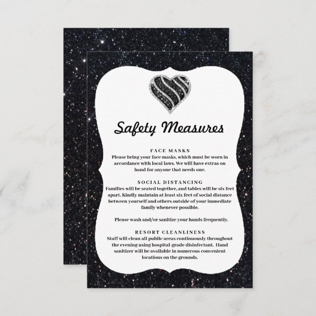 Black Glitter Black & White Heart Safety Measures Enclosure Card (Front/Back)