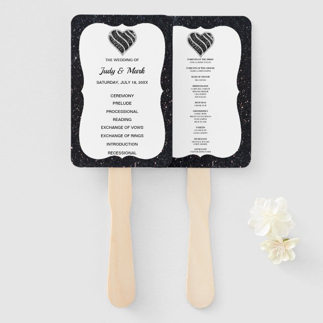 Black Glitter Black White Heart Wedding Program Hand Fan (Front and Back)