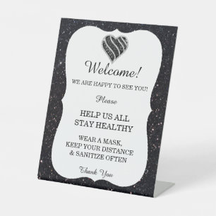 Black Glitter Black & White Heart Wedding Safety  Pedestal Sign
