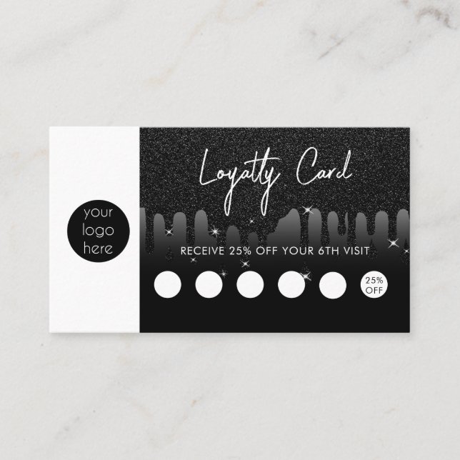 Black Glitter Business Logo QR Code Loyalty  Card (Front)