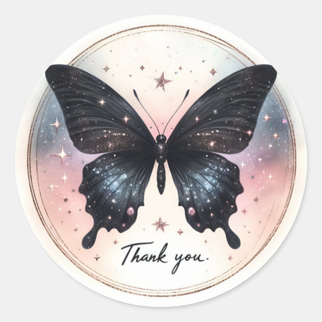 Black Glitter Butterfly - Thank you - Classic Round Sticker (Front)