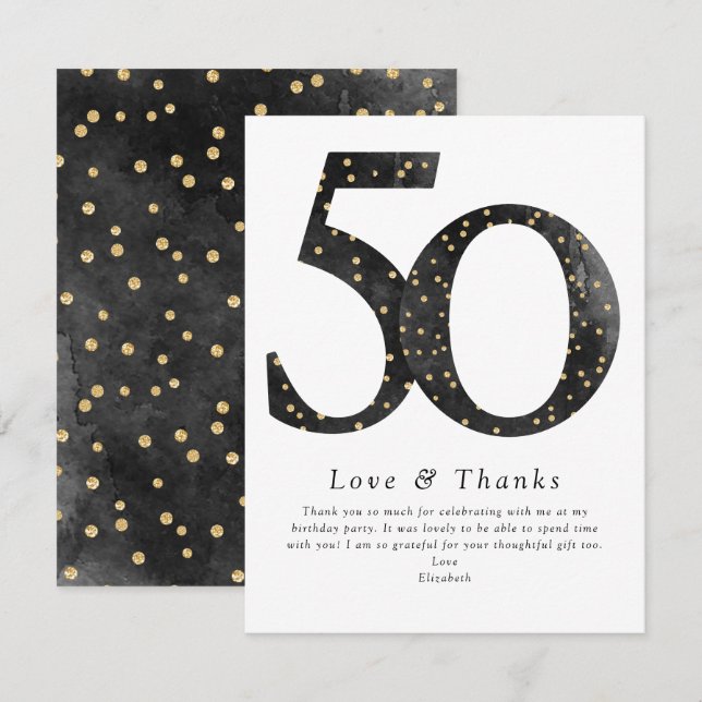 Black Glitter Confetti 50th Birthday Thank You Card (Front/Back)