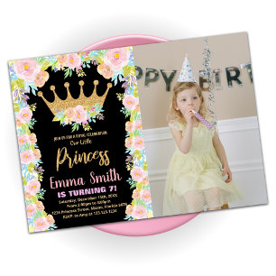 Black Glitter Crown Princess Birthday With Photo Invitation