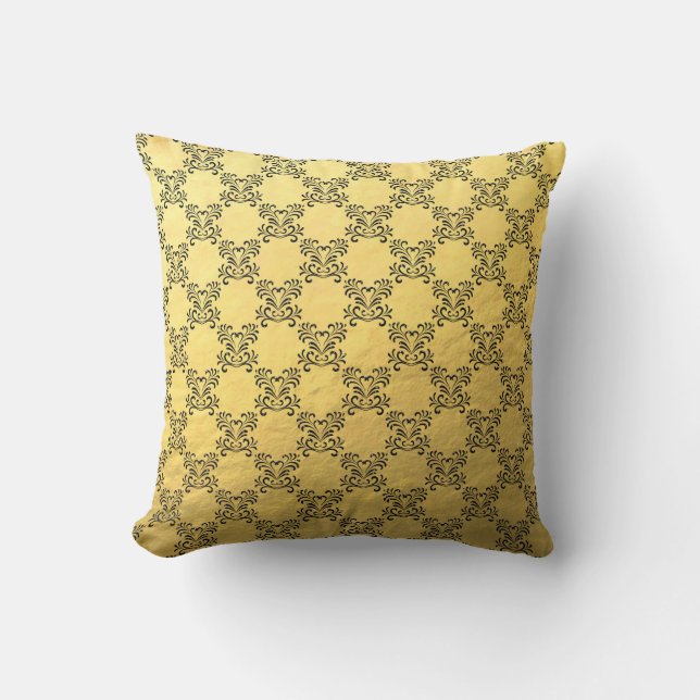 Black Glitter Damask on Gold Foil Throw Pillow (Front)