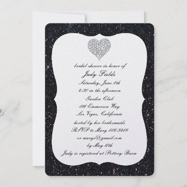 Black Glitter Diamond Heart Bridal Shower Invite (Front)