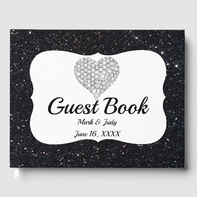 Black Glitter Diamond Heart Guestbook (Front)