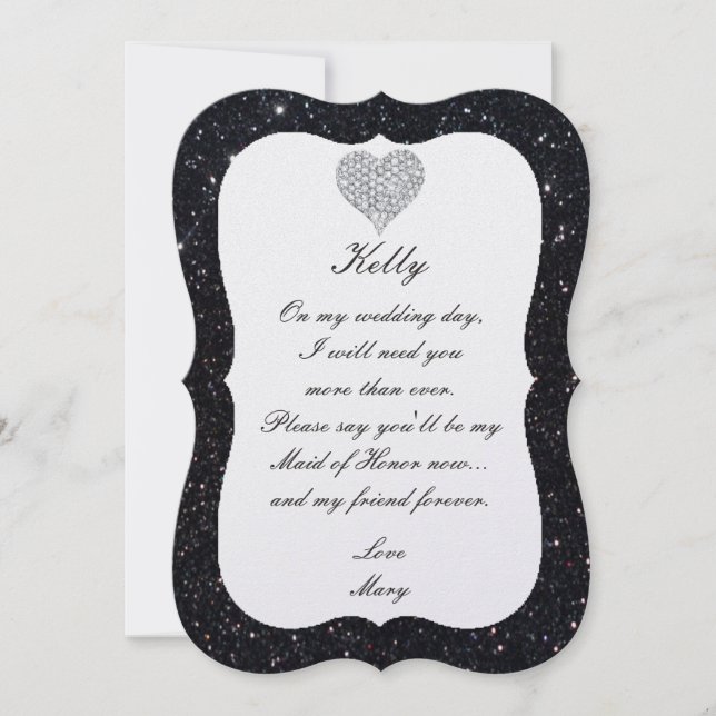 Black Glitter Diamond Heart Maid Of Honour Card (Front)