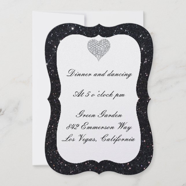 Black Glitter Diamond Heart Reception Card (Front)