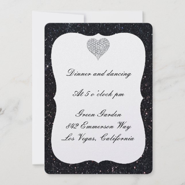 Black Glitter Diamond Heart Reception Card (Front)