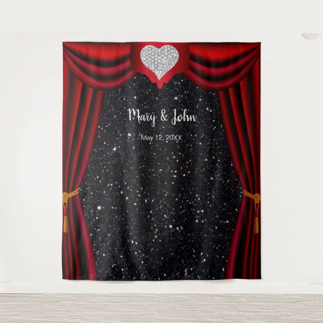 Black Glitter Diamond Heart Red Curtain Backdrop Tapestry (Front)
