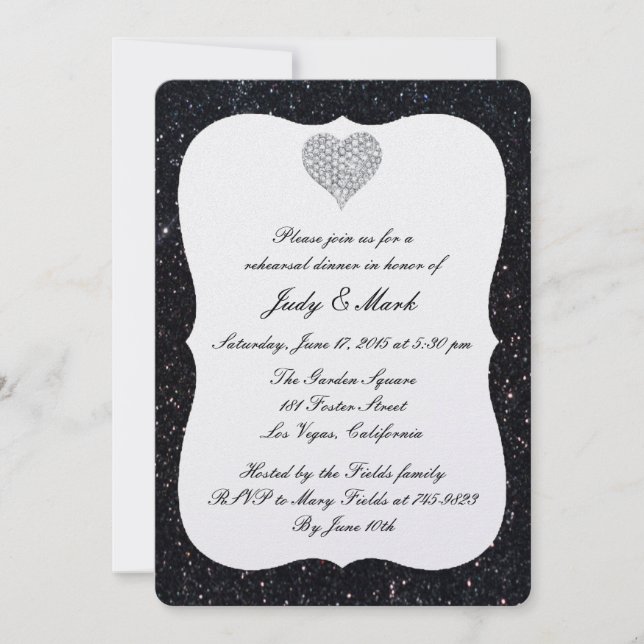 Black Glitter Diamond Heart Rehearsal Dinner Invitation (Front)