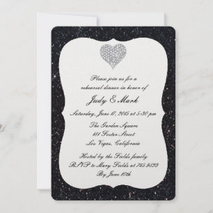 Black Glitter Diamond Heart Rehearsal Dinner Invitation