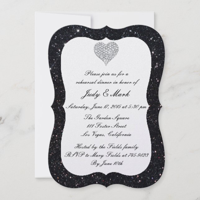 Black Glitter Diamond Heart Rehearsal Dinner Invitation (Front)
