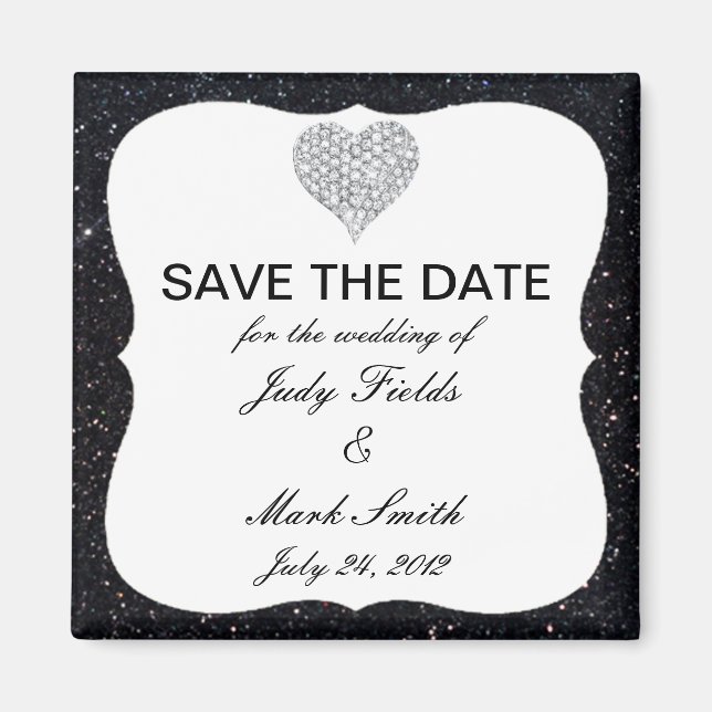 Black Glitter Diamond Heart Save The Date Magnet (Front)