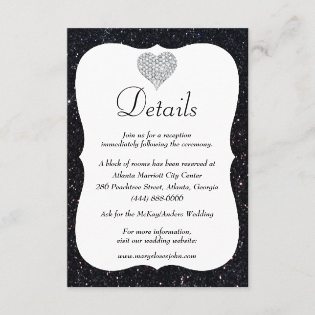 Black Glitter Diamond Heart Wedding Details Enclosure Card (Front)