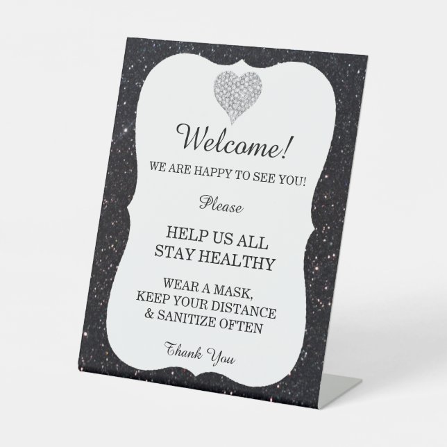 Black Glitter Diamond Heart Wedding Safety  Pedestal Sign (Front)