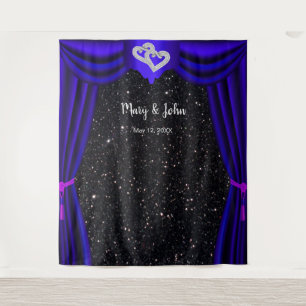 Black Glitter Diamond Hearts Blue Curtain Backdrop Tapestry