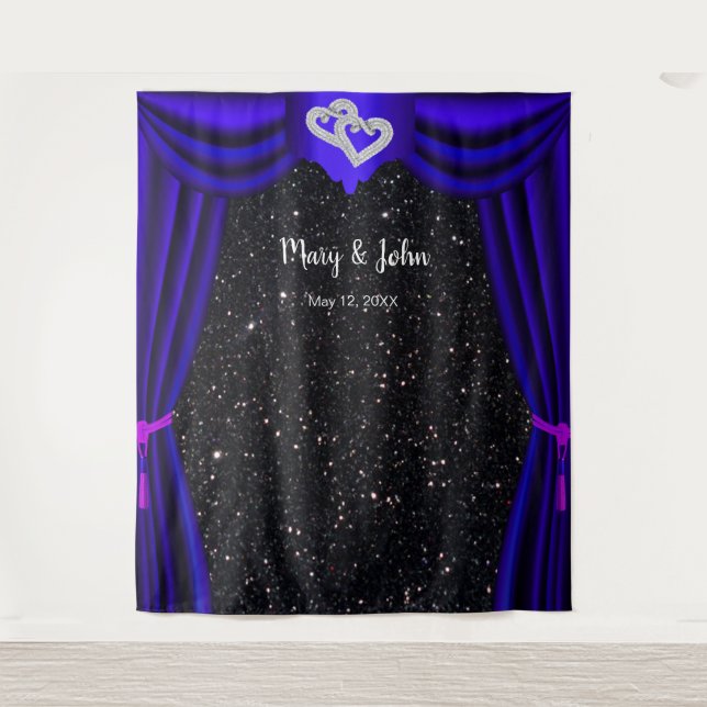 Black Glitter Diamond Hearts Blue Curtain Backdrop Tapestry (Front)
