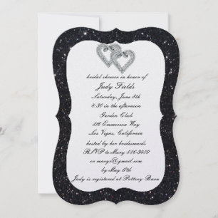 Black Glitter Diamond Hearts Bridal Shower Invite