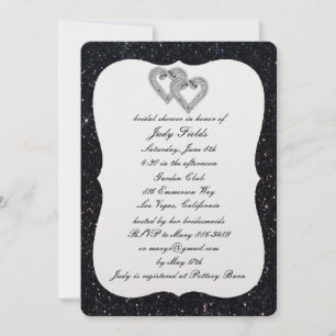 Black Glitter Diamond Hearts Bridal Shower Invite