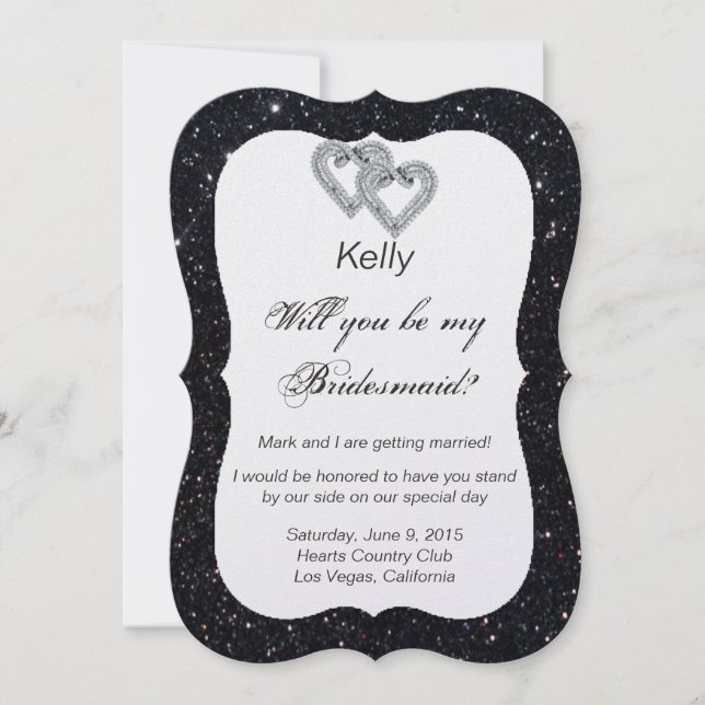 Black Glitter Diamond Hearts Bridesmaid Card (Front)
