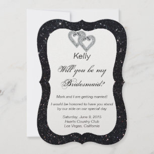 Black Glitter Diamond Hearts Bridesmaid Card