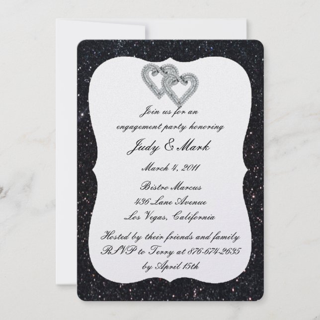 Black Glitter Diamond Hearts Engagement Party Invitation (Front)