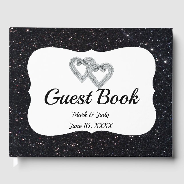 Black Glitter Diamond Hearts Guestbook (Front)