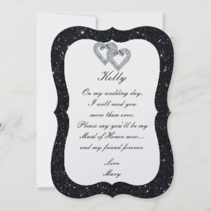 Black Glitter Diamond Hearts Maid Of Honour Card