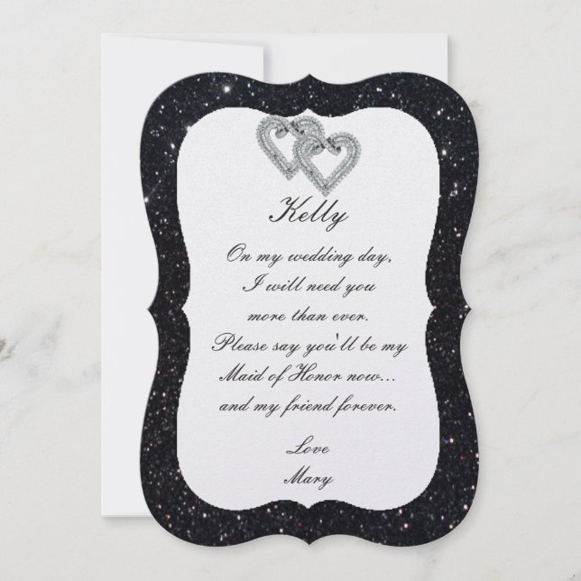 Black Glitter Diamond Hearts Maid Of Honour Card (Front)