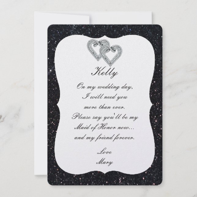 Black Glitter Diamond Hearts Maid Of Honour Card (Front)
