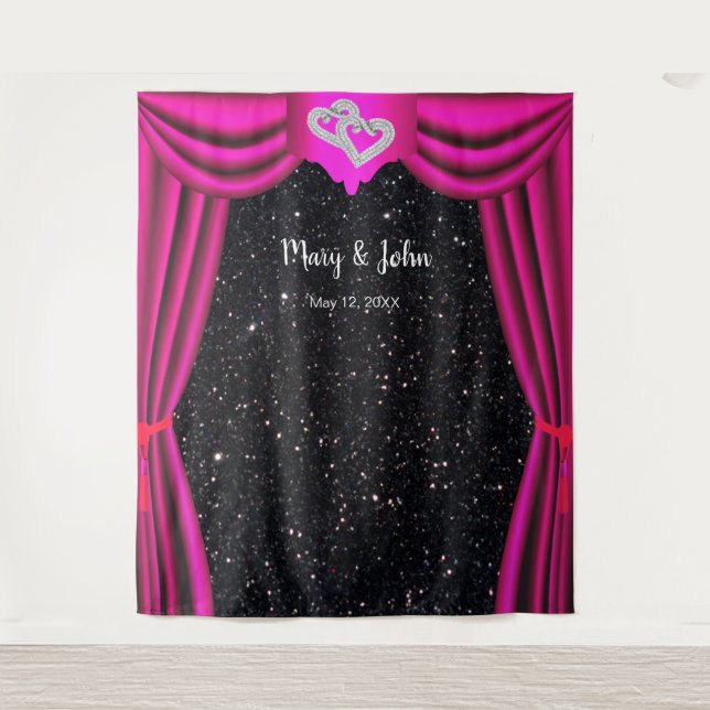 Black Glitter Diamond Hearts Pink Curtain Backdrop Tapestry (Front)