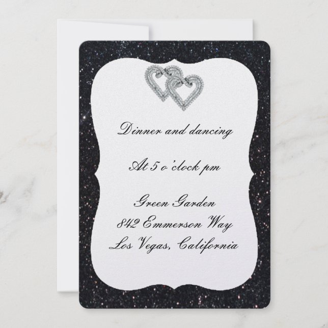 Black Glitter Diamond Hearts Reception Card (Front)