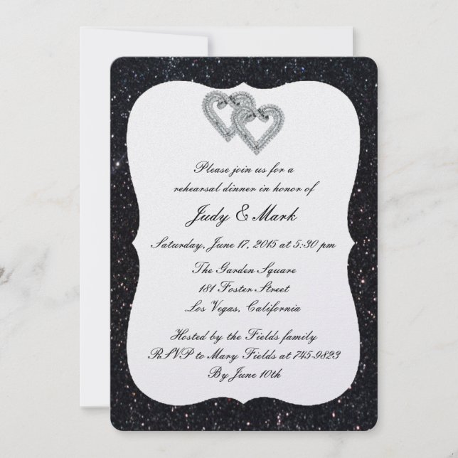 Black Glitter Diamond Hearts Rehearsal Dinner Invitation (Front)