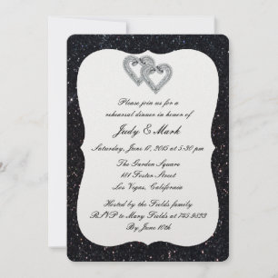 Black Glitter Diamond Hearts Rehearsal Dinner Invitation