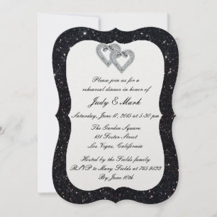 Black Glitter Diamond Hearts Rehearsal Dinner Invitation