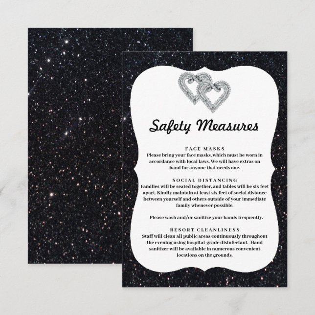 Black Glitter Diamond Hearts Safety Measures Enclosure Card (Front/Back)