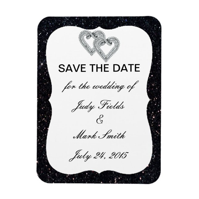 Black Glitter Diamond Hearts Save The Date Magnet (Vertical)