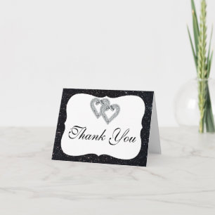 Black Glitter Diamond Hearts Thank You Card