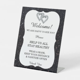 Black Glitter Diamond Hearts Wedding Safety Pedestal Sign