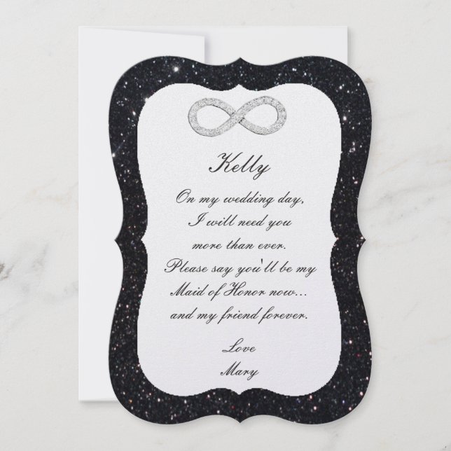 Black Glitter Diamond Infinity Maid Of Honour Card (Front)
