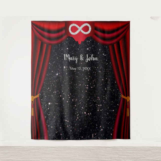 Black Glitter Diamond Infinity Red Curtain Tapestry (Front)