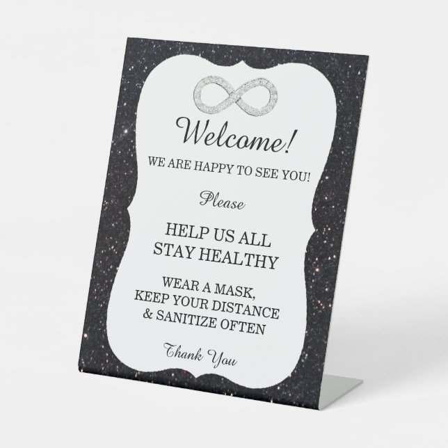 Black Glitter Diamond Infinity Wedding Safety  Pedestal Sign (Front)